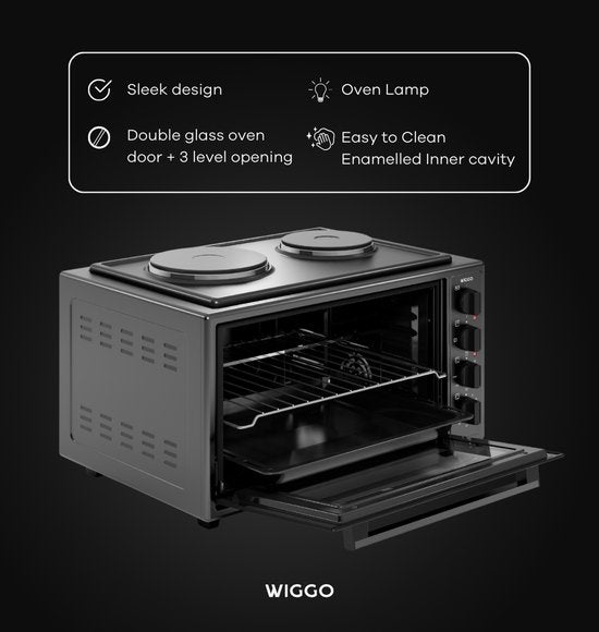 Wiggo WMO-E4562H(B) - Freistehender Mini-Backofen mit Kochfeld - Elektrisch - 60 CM - 45 Liter - 3534 W - 5 Jahre Garantie - Schwarz