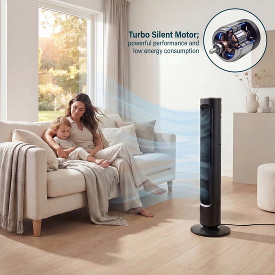 Princess DC Turmventilator 101 cm – Besonders leise – 12 Geschwindigkeitsstufen – Schwenkfunktion – Timer 1–8 Stunden – Mit Fernbedienung – Standventilator – 50 W – Schwarz – 352390