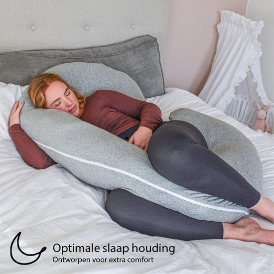 EL Life Umstandskissen - XXL - C-Form - Stillkissen - Seidenschlafkissen - Körperkissen - abnehmbarer Jersey-Baumwollbezug - 150x70cm - Hellgrau