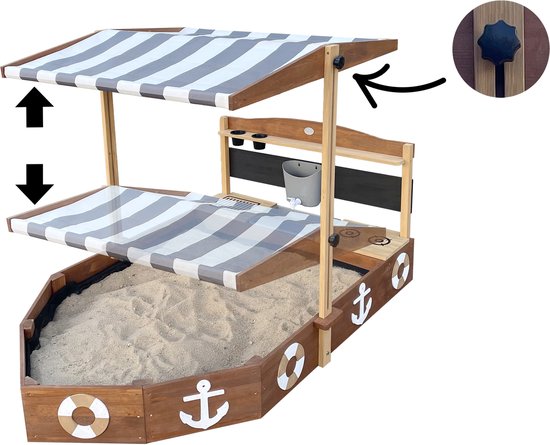 AXI Dora Boot Sandkasten mit Spielküche und Dach (UV50) 160 x 100 cm Anthrazit/Braun – Mit Kreidetafel und Stauraum – Inklusive Bodenplane – 10 Jahre Garantie!