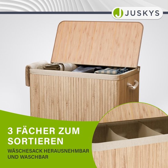 Juskys Bambus-Wäschekorb Curly Natural 150L - Hygienischer Wäschekorb mit Deckel, Tragegriff & Wäschesack - 3 Fächer - Natürliche Bambusoptik