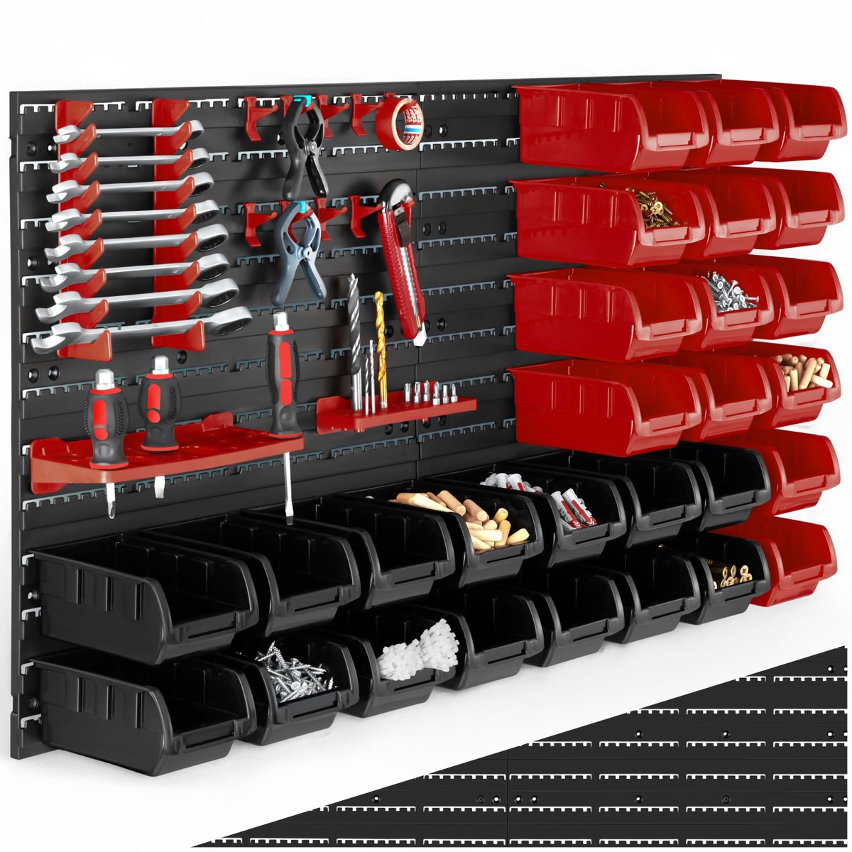 tectake Werkstatt-Werkzeugwand - 96x17x54 cm - Schwarz/Rot - 28 Aufbewahrungskästen & Wandhalterungen