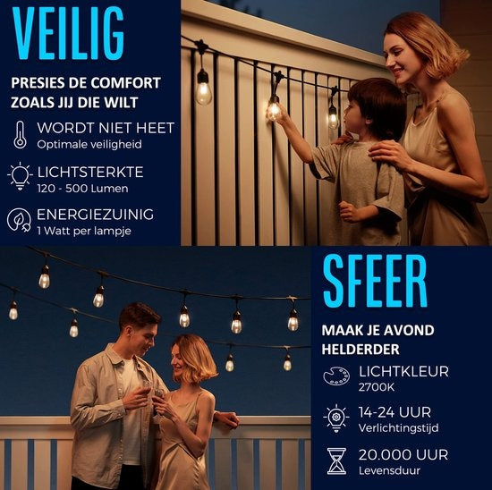 SHINE - Lichtsnoer buiten - Lichtslinger op Zonne-energie - Solar Led Prikkabel - Feestverlichting - Lampjes slinger - Tuinverlichting - Vintage Basic Sfeerverlichting - 15 Led E27 Lampen met Afstandsbediening - 15 Meter