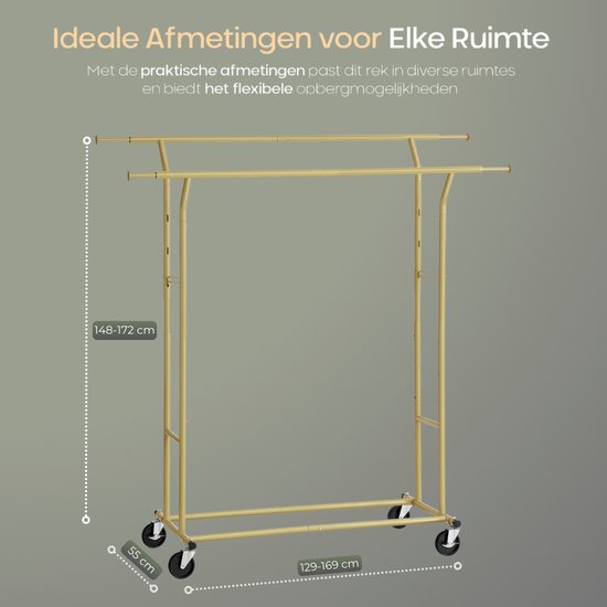 O'DADDY® Kleiderständer auf Rädern - Kleiderständer - Kleiderstange - Verstellbar und ausziehbar - Industrielle Rollen - Metall - Stabil bis 110 kg - Gold