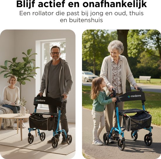 Medzone Rollator leicht und faltbar - Sitzfunktion - für drinnen und draußen - Rückenlehne und Gehstockhalterung - blau