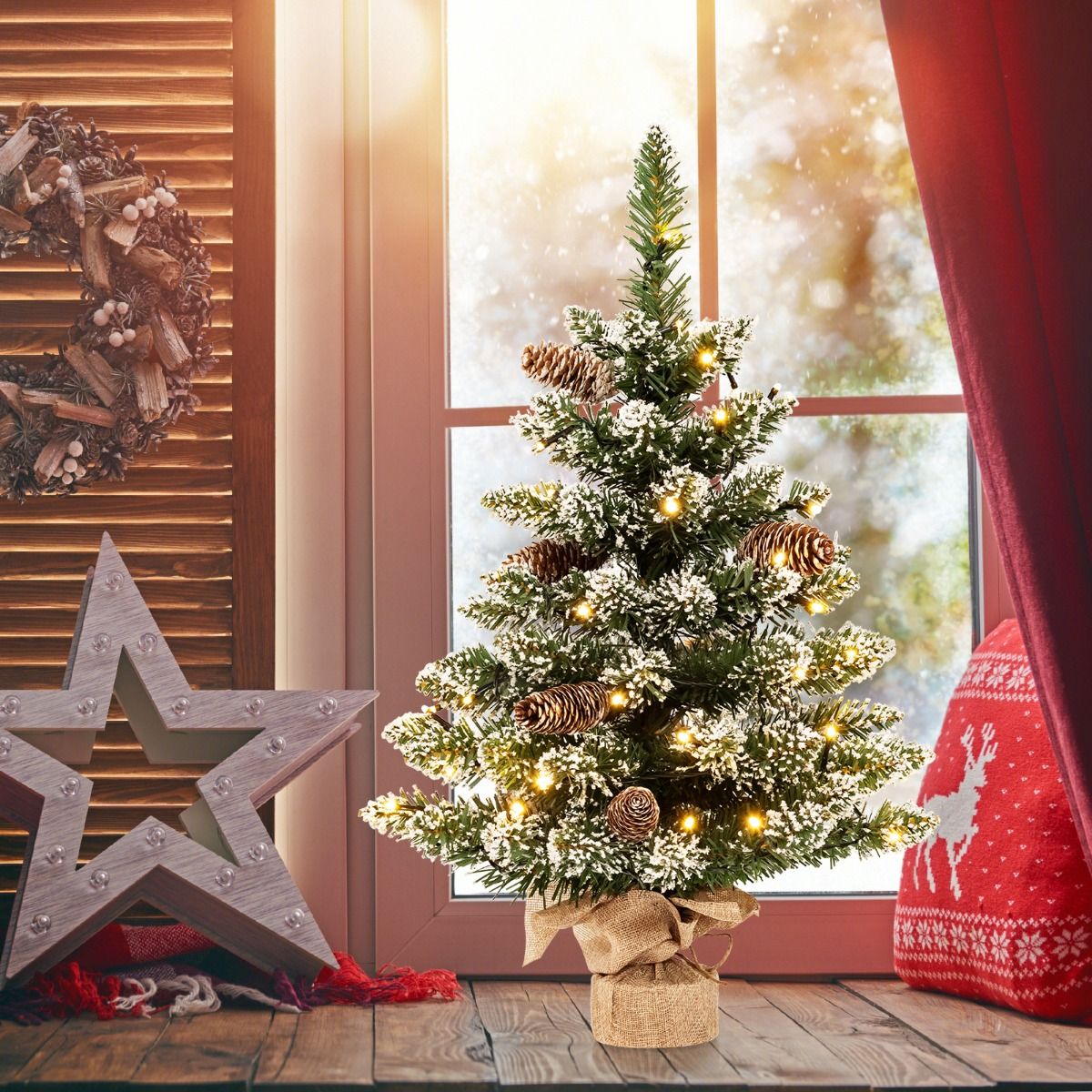 Coast Künstlicher Weihnachtsbaum Tischplatte 64 cm Grün - Mini-Weihnachtsbaum mit Schnee - 50 LED-Lichter - 8 Lichtstufen