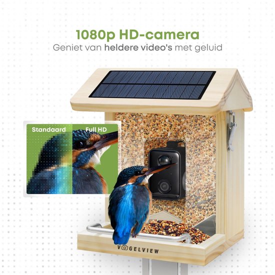 Vogelview – Vogelhäuschen – Vogelhäuschen mit Kamera – Holz – KI-Vogelerkennung – 1080 HD – Audio – Mit Solarpanel