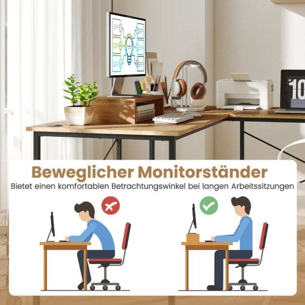Coast L-förmiger Eckschreibtisch – Auf 240 cm erweiterbar – Monitorhalterung – Naturfarben