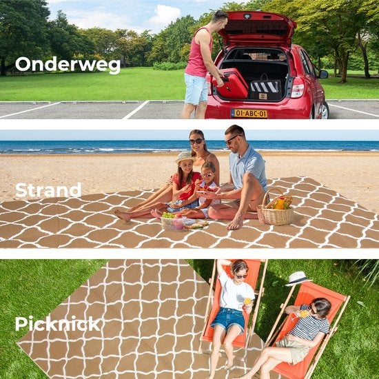LifeGoods Outdoor-Teppich - 274x350cm - Gartenteppich - beidseitig verwendbar - Inkl. Tragetasche - Mit Muster - Beige/Weiß