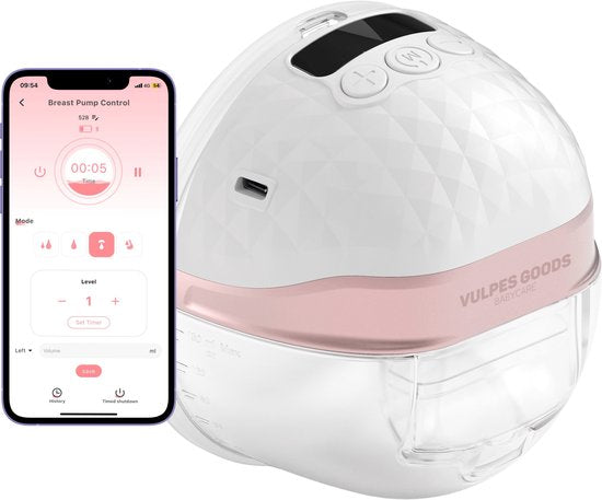 Vulpes Goods® BabyCare - Elektrische kabellose Milchpumpe - Freihändig & tragbar - mit APP-Steuerung - BPA-frei - inkl. Brustpellet-Scaler, 30 Muttermilch-Aufbewahrungsbeutel, Reisetasche & Pumpentagebuch - PRO V2