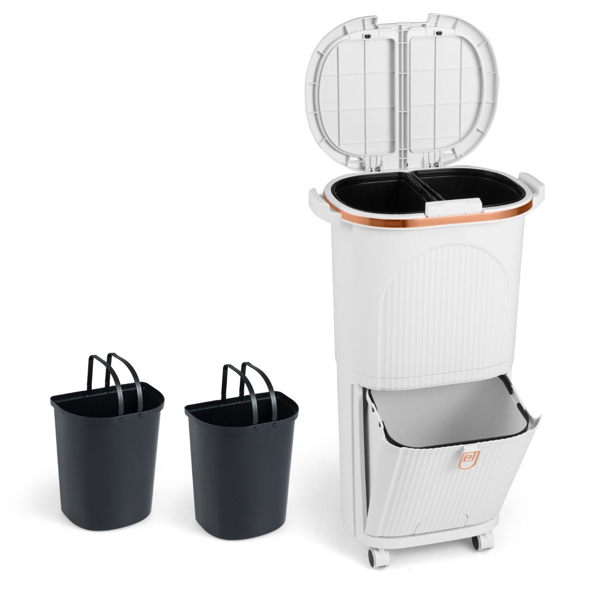 Coast Abfallbehälter 38 Liter mit Deckel – Zweistufiges Abfalltrennsystem – Pedal und Rollen – Weiß – 43 x 29 x 74,5 cm