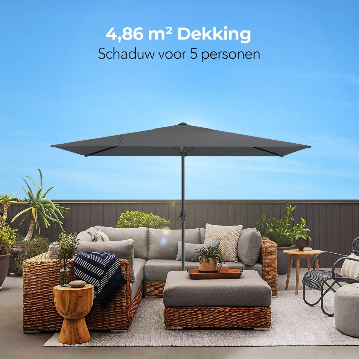 LifeGoods - Rechteckiger Sonnenschirm mit Bezug - 30° neigbar - Wasserdicht - 270x180cm - Dunkelgrau