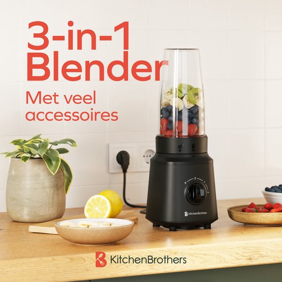 KitchenBrothers Blender - Komplettset - 2x 750ml Krug - Mahlwerk - Sieb - To-Go Becher - Schwarz