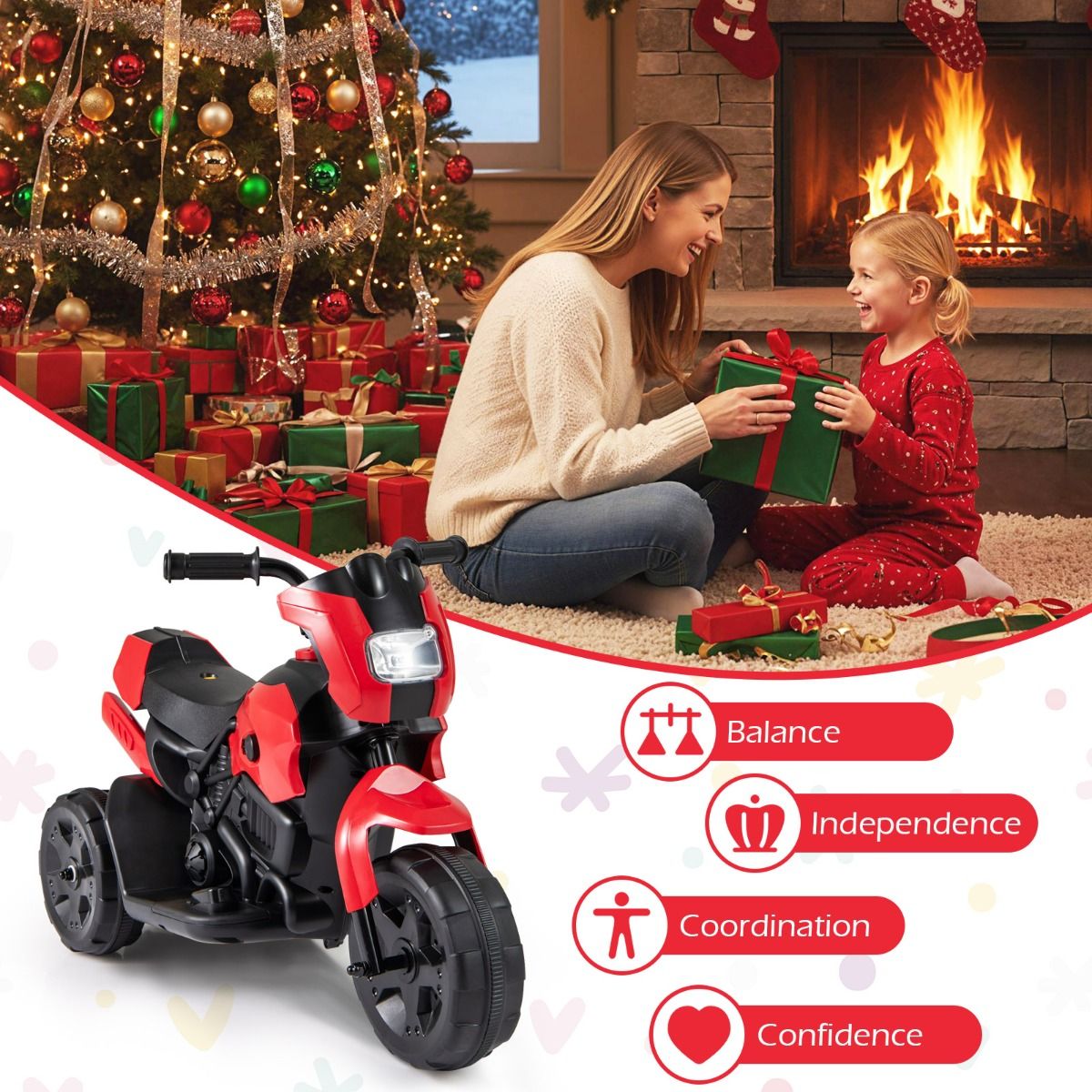 Coast Elektromotorrad für Kinder – Dreirad-Ausführung – mit LED-Scheinwerfer – rot