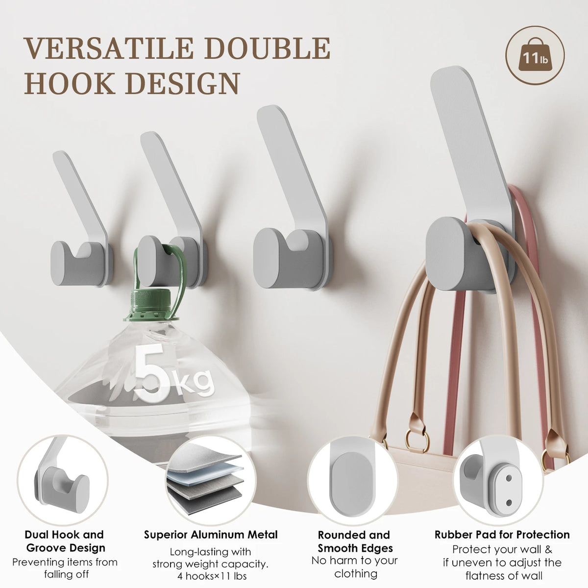 Kapanou Doppelwandhaken – 8er-Set – Aluminium – Bis zu 5 kg pro Haken – Modernes Design – Grau