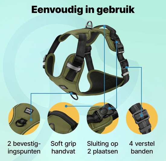 Jake und Jacky Hundegeschirr - Anti-Trekking-Geschirr - Reflektierend - Grün - Größe L