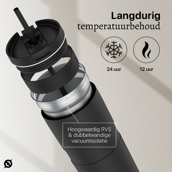 ONYX Trinkflasche mit Strohhalm 700ML - Wasserflasche für Kinder & Erwachsene - Thermoskanne Edelstahl-Reisebecher - Motivations-Trinker - Trinkbecher für die Schule - Schwarz