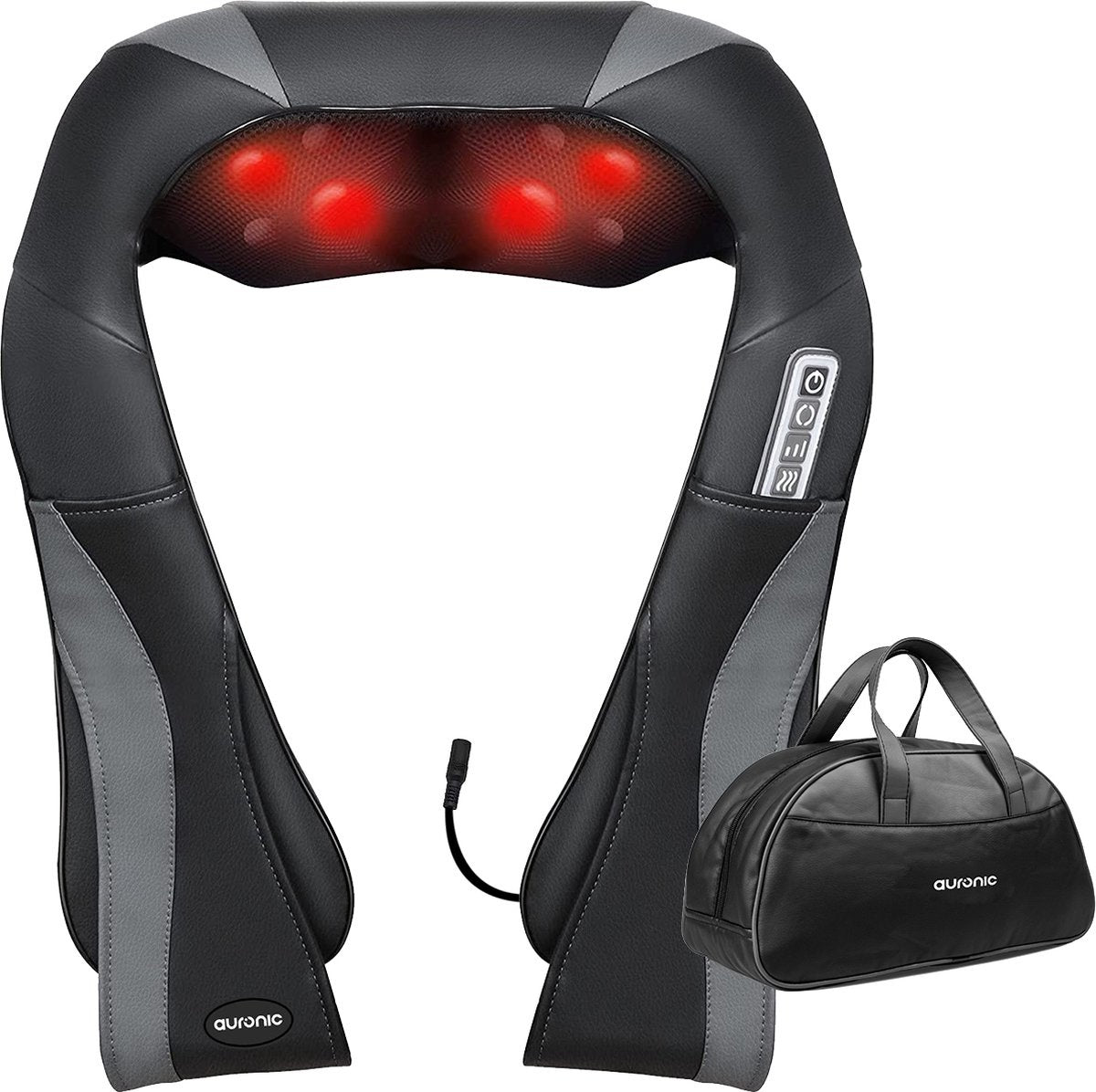 Auronic - Shiatsu-Massagekissen - 8 Massageknöpfe - mit Infrarot & Tragetasche – Schwarz
