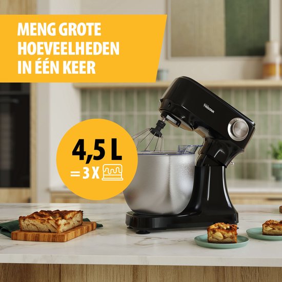 Tristar Küchenmaschine 800 W – Küchenroboter 4,5 l – Edelstahl-Rührschüssel – 12 Programme – Schwarz