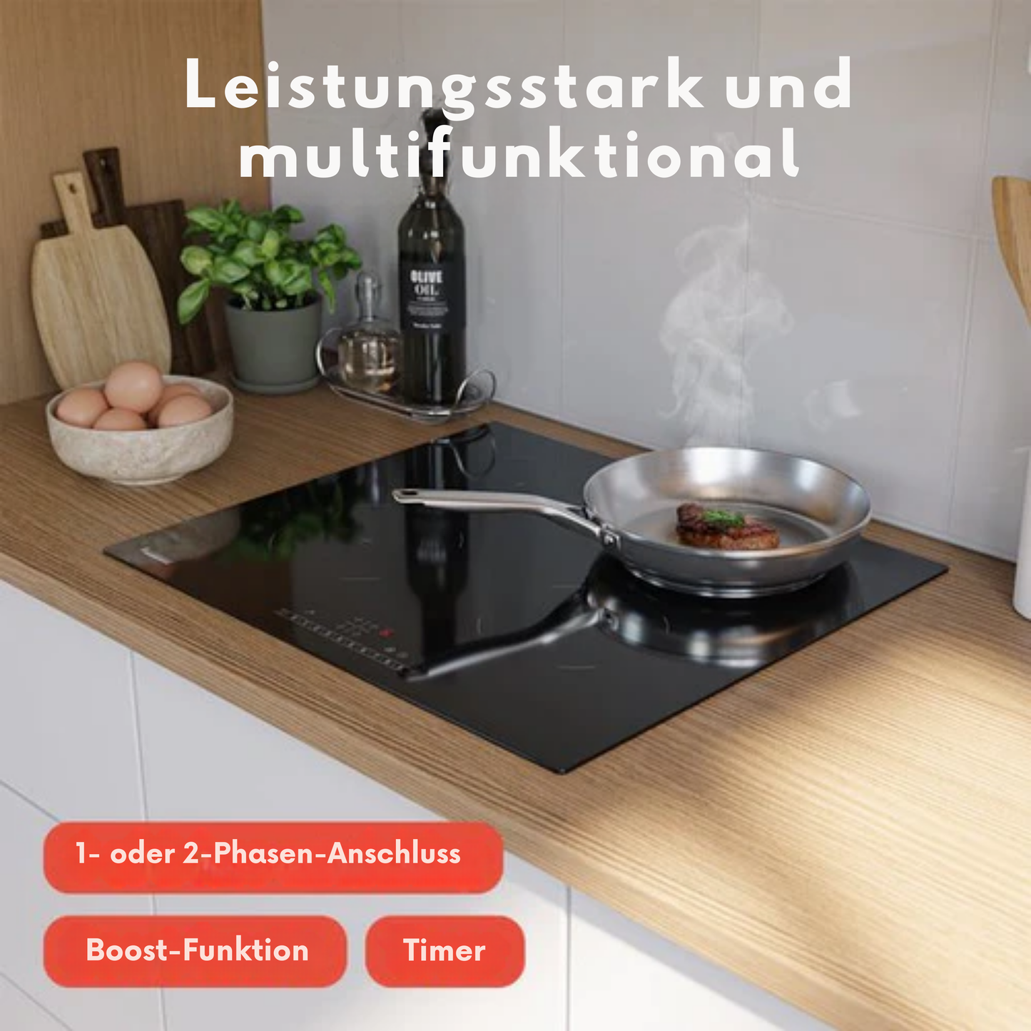 KitchenBrothers Induktionskochfeld - Einbau-Induktionskochfeld - 60 cm - 4 Zonen - 1 und 2 Phasen - Bis zu 2400W - Schwarz