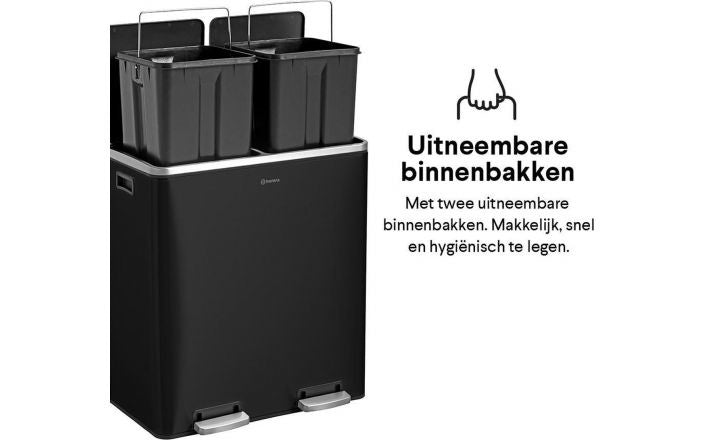 Homra QUICKX Duo - Mülleimer - Mülltrennung - 2 Fächer - Edelstahl - 60 Liter (2x30 L) - Schwarz