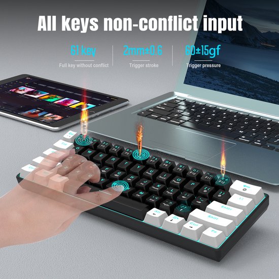 HXSJ V900 - Wired Gaming Keyboard - Mechanisch - RGB - Blauer Schalter - 61 Tasten - QWERTY-Tastaturen - Schwarz weiß
