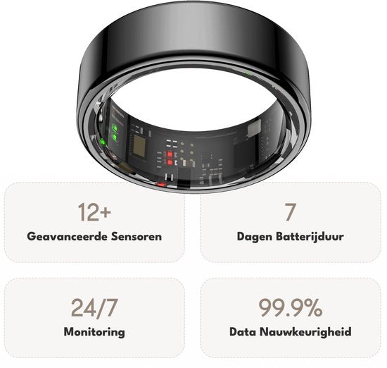 Focus® S1 Smart Ring - Schwarz - Größe 12 - Herzfrequenz - Menstruationszyklus - Schlafüberwachung - Smart Ring - Sport Performance - Schrittzähler -IP68 Wasserdicht - O2 Messung - Frauen - Männer - Wearables - Ladebox - Schutzring