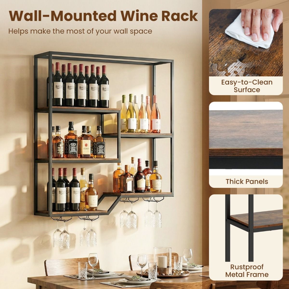 Coast Weinregal zur Wandmontage – 6 Ebenen – Flaschen- und Glashalter – braun und schwarz