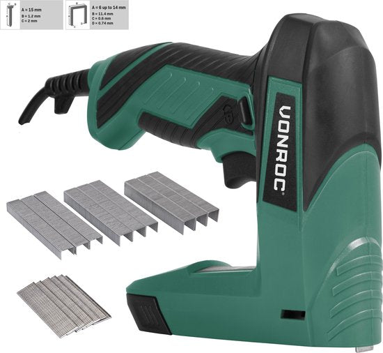 VONROC Elektrotacker - Komplettset Inkl. 900 Klammern & 300 Nägel - Schussfrequenz: 30/min
