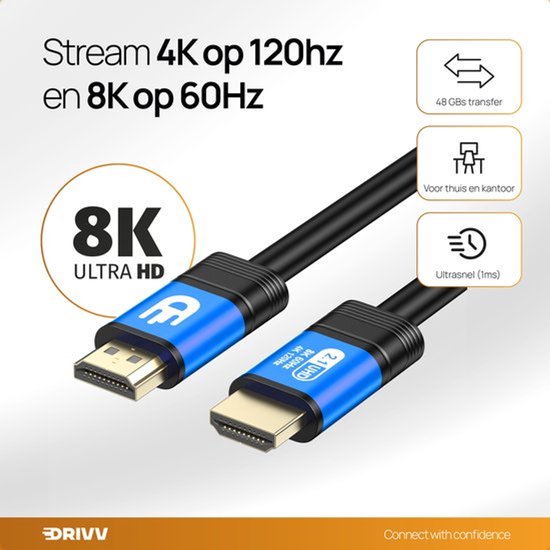 Drivv. Premium-HDMI-Kabel 2.1 – Ultra HD High Speed 8K – HDMI auf HDMI – Geeignet für Spielkonsolen – 10 Meter – Blau
