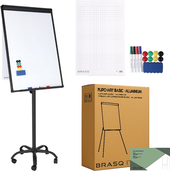 BRASQ Flipchart Mobile - 70x100 cm - Verstellbares Whiteboard - Inklusive 25 Blatt Papier, 4 Marker, 8 Magnete, Radiergummi - Flipchart mit Papierklammer und Haken - Magnettafel - Magnettafel - Schwarz
