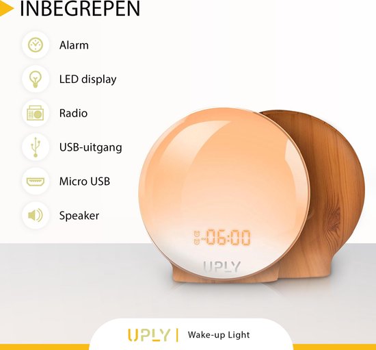 UPLY Wake Up Light - Mit USB-Ladestation - Lichtwecker - Radiowecker - 2 Weckzeiten - 7 Farben