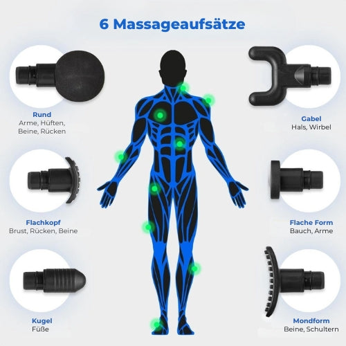 LifeGoods - Massagepistole - 6 Aufsätze - 30 Stufen - Professionelles Massagegerät - Schwarz