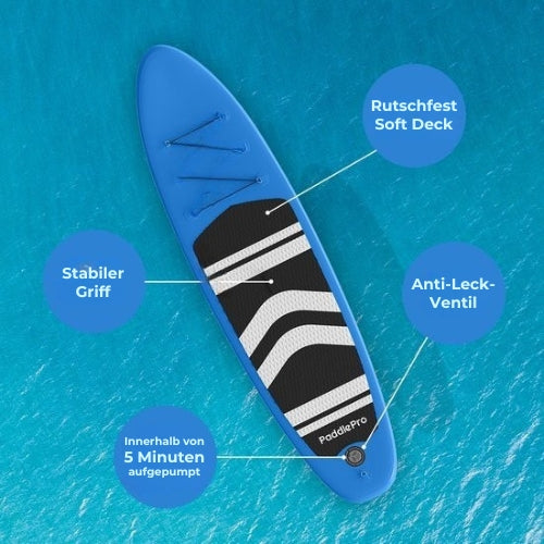 LifeGoods SUP Board - mit Sitz - Aufblasbares Paddle Board - Komplettset - Max. 135KG - 320x81cm - Blau