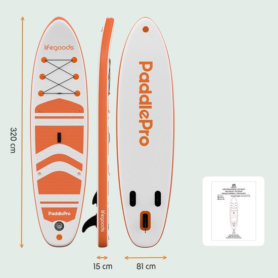 LifeGoods PaddlePro SUP Board - mit Sitz - Aufblasbares Paddle Board - Komplettset - Max. 135KG - 320x81cm - Weiß/Orange