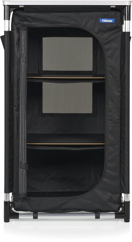 Tristar Klappbarer Camping-Schrank – Aluminiumrahmen – 3 Ebenen – Verstellbare Füße – Seitentaschen – Inklusive Tragetasche – Schwarz - CU-0809