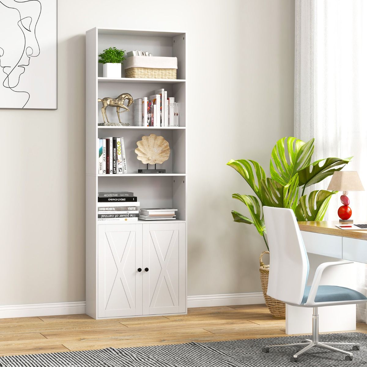 Coast Freistehendes Bücherregal - 6 Fachböden - 2 Türen - 60 x 24 x 180 cm - Weiß