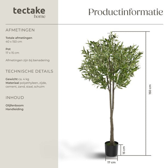 tectake® - Künstlicher Olivenbaum Oleand - Mediterrane Kunstpflanze mit realistischen Blättern und Oliven - Pflegeleicht und vielseitig einsetzbar - Inklusive stabilem Blumentopf - Höhe: 150 cm