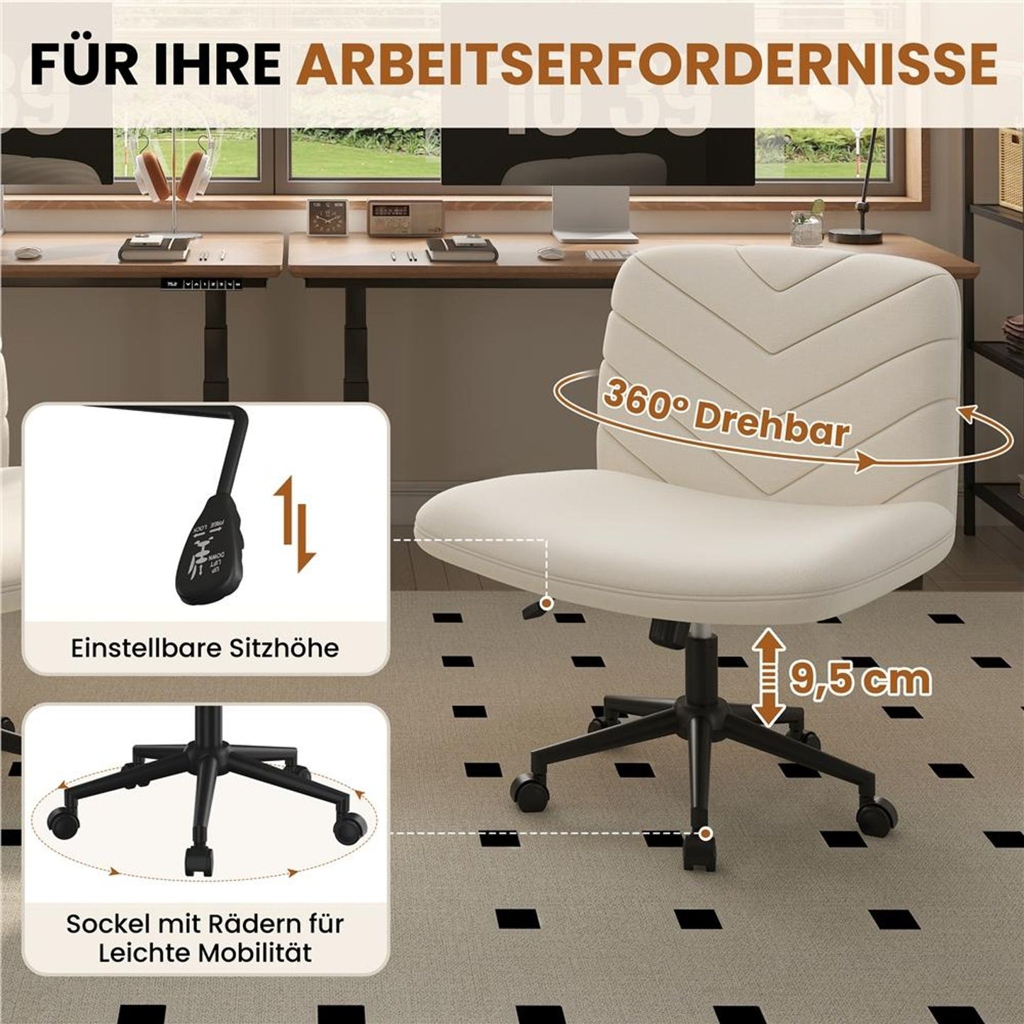 Yaheetech Bürostuhl mit breiter Sitzfläche – Ergonomischer Drehstuhl mit Rückenlehne – Höhenverstellbar – 66 x 64,5 x 82–91,5 cm – Beige