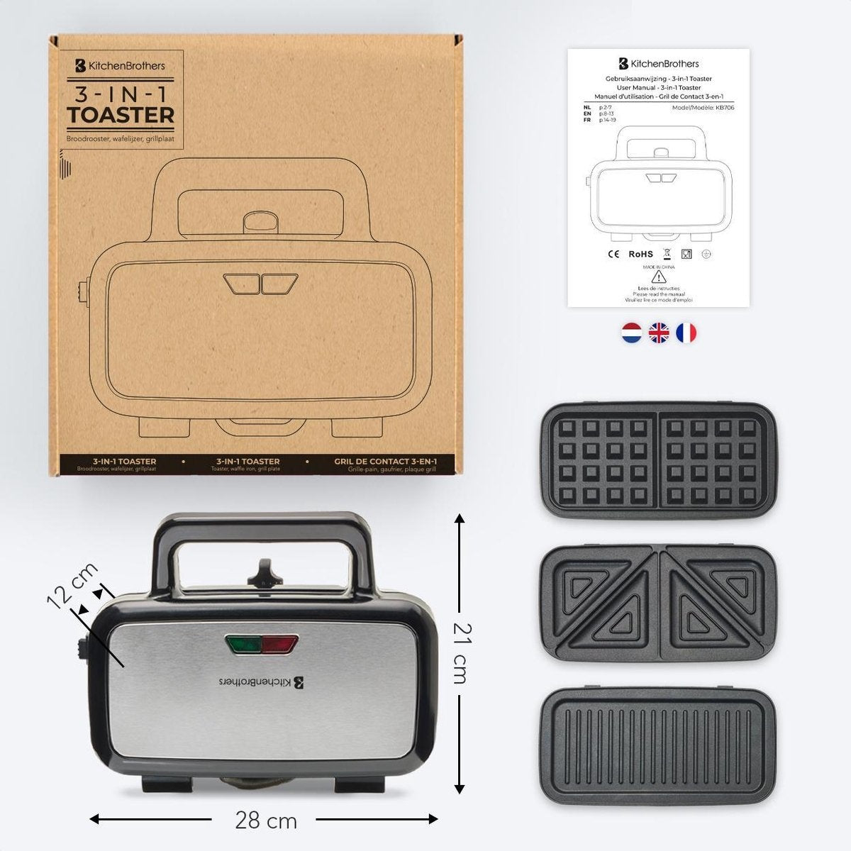 KitchenBrothers 3-in-1 Waffeleisen - Toaster - Kontaktgrill - austauschbare Platten - rostfreier Stahl