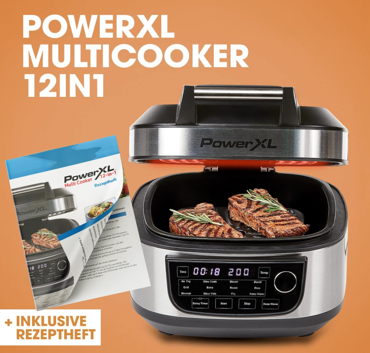 PowerXL Multi-Kocher 12-in-1 ohne Grillplatte – 5,7 l – 1200 W – Silber/Schwarz – Heißluftfritteuse und Slow Cooker