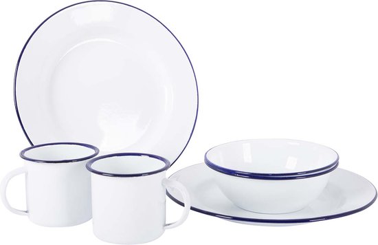 Bo-Camp – Geschirr – Emaille – 6-teilig – Weiß/Blau