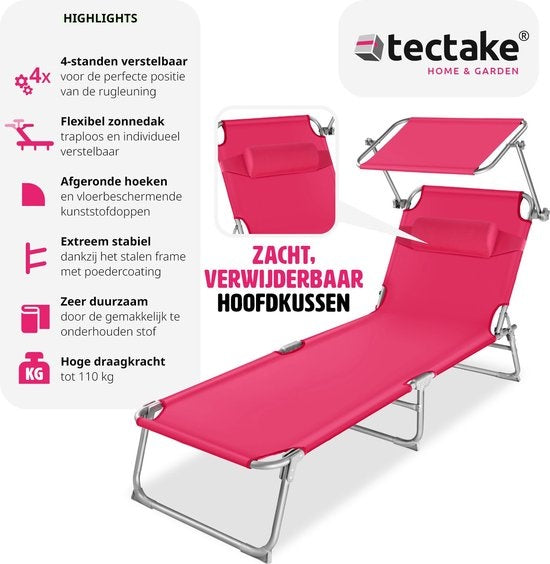 tectake - Zonnestoel ligbed zonnebed Chloe - met verstelbaar zonnedak - pink - 403419
