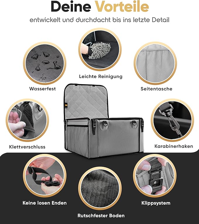 HELDENWERK Hundeautositz, extra stabil, verstärkte Wände, 5 Gurte, wasserdichter Hundeautositz für Rück- und Vordersitz, grau, Standardgröße