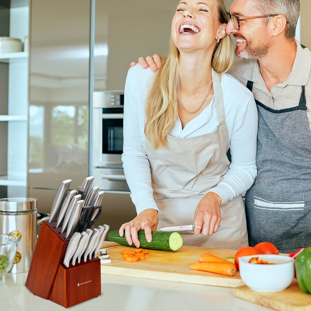 KitchenBrothers Messerset - Messerblock - 16-teilig - mit Schere und Wetzstahl - Akazienholz