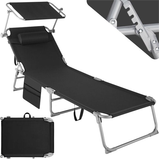 tectake Liege mit Seitentasche und abnehmbarem Kopfkissen - verstellbar - faltbar - 68 x 190 x 28 cm - Schwarz
