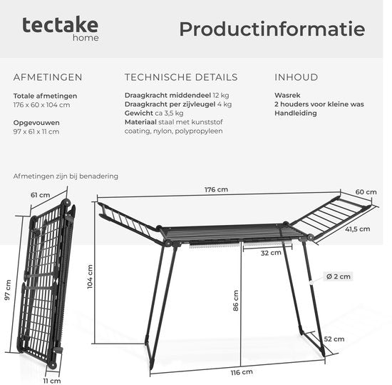 tectake® Wäscheständer – Wäschetrockner – 18 Meter Trockenlänge – zusammenklappbar – Standmodell – Wäscheständer mit 2 Halterungen für kleine Wäsche – hohe Seitenflügel für lange Kleidungsstücke – schwarz