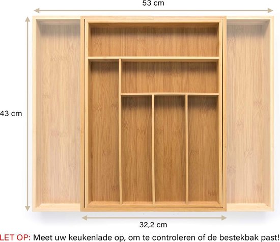 Budu Extendable Bamboo Cutlery Tray #43 - Besteckkassette Holz  - 43 x 32.2 - 53 cm - 6/8 Fächer