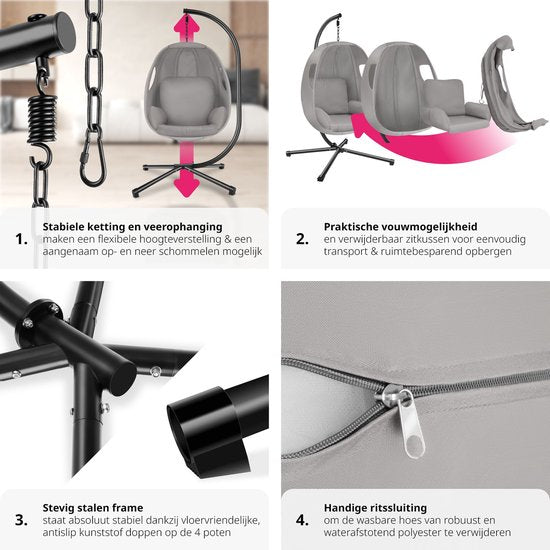 tectake Hängesessel mit Gestell - Schaukelstuhl mit Kissen + Rückenkissen - Möbel für Wohn- oder Schlafzimmer - Balkonmöbel - Für drinnen oder draußen - Bis 160 kg - Hellgrau