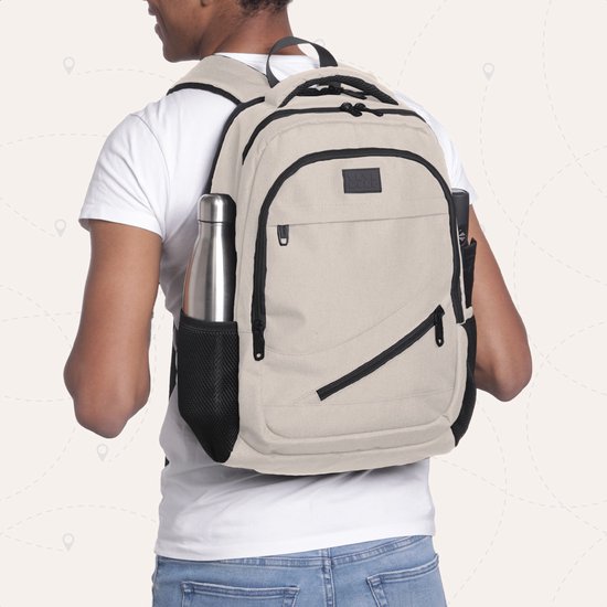 TRVLMORE Rucksack mit Lifetime - Rucksack mit 15.6 Zoll Laptopfach - Schultasche - Spritzwassergeschützt - Männer und Frauen - Jungen und Mädchen - 28L - Champagner